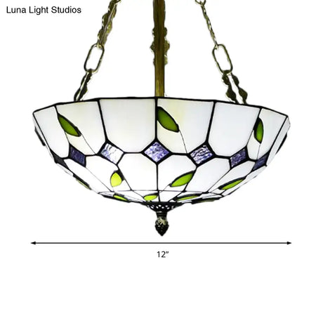 Retro Style Stained Glass Chandelier - 12’/16’/19.5’ W Bowl Shade Ceiling Pendant With Leaf