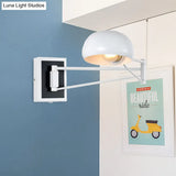 Retro Style Swing Arm Metal Wall Sconce Light With Dome Shade - Black/White Bedside Lighting