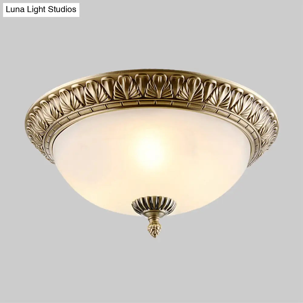 Retro Style White Glass Brass Ceiling Fixture With Dome Design - 2/3 - Light Flush Mount Lighting