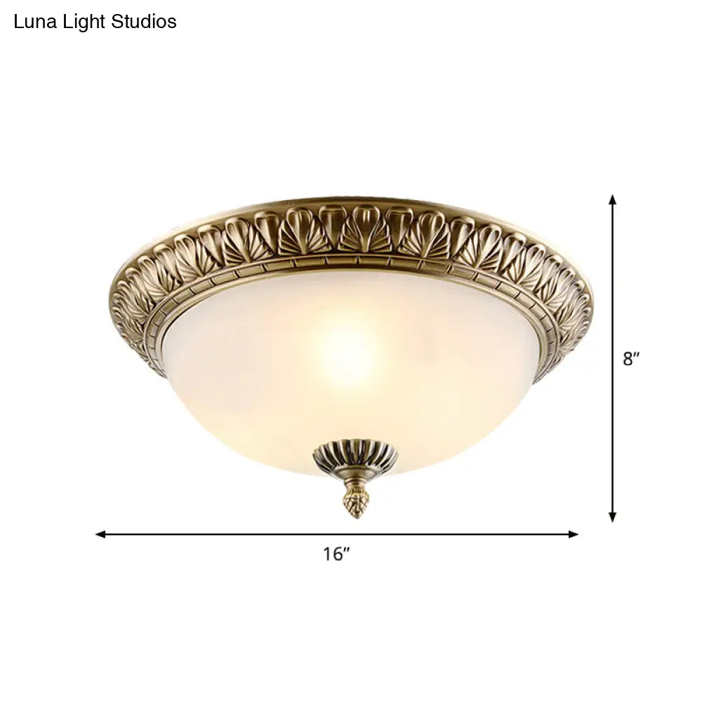 Retro Style White Glass Brass Ceiling Fixture With Dome Design - 2/3 - Light Flush Mount Lighting