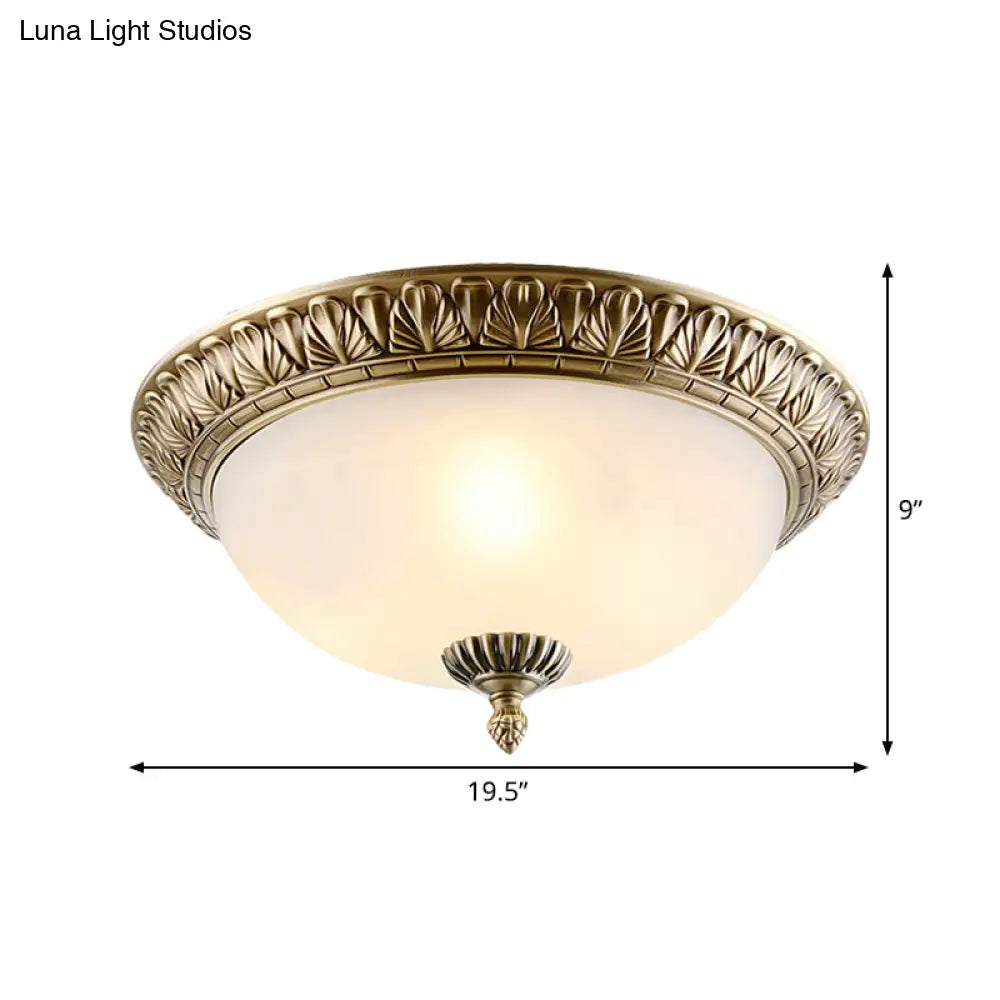 Retro Style White Glass Brass Ceiling Fixture With Dome Design - 2/3 - Light Flush Mount Lighting