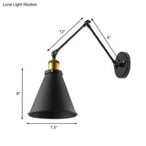 Retro Swing Arm Wall Light With Conic Shade - Indoor Black Metal Mount 1