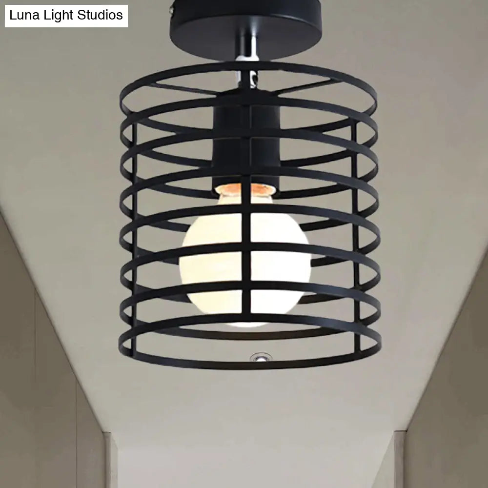 Retro Vintage Metal Cylinder/Drum Cage Semi-Flush Ceiling Light - Black Semi Flush Fixture With