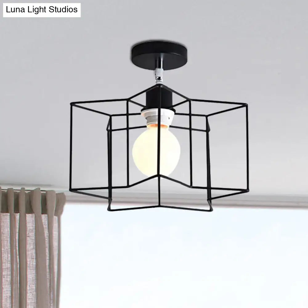 Retro Vintage Metal Cylinder/Drum Cage Semi-Flush Ceiling Light - Black Semi Flush Fixture With