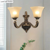Retro Wall Mounted Light Fixture With Black 1/2-Bulb Milky Glass Flared Shade