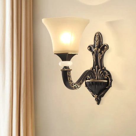 Retro Wall Mounted Light Fixture With Black 1/2-Bulb Milky Glass Flared Shade 1 /