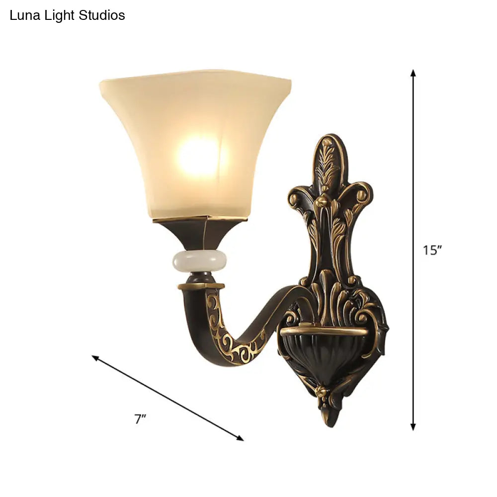 Retro Wall Mounted Light Fixture With Black 1/2-Bulb Milky Glass Flared Shade