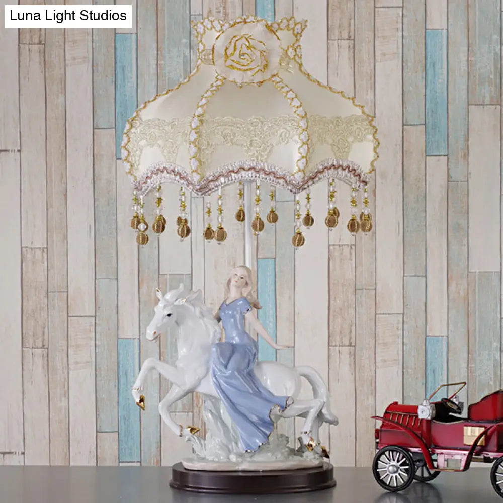 Retro Wave Edge Table Lamp With Ceramic Woman And Horse Decor - White Night Light