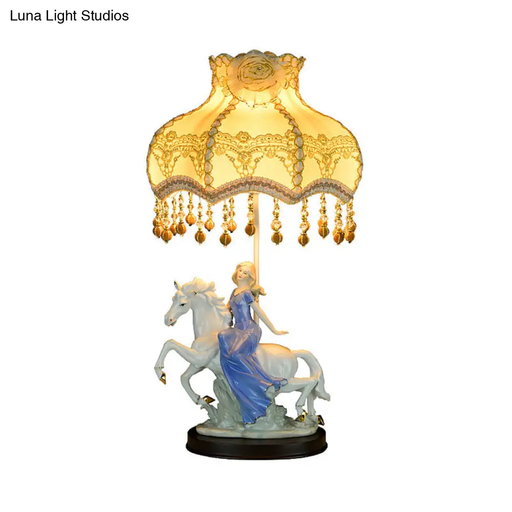 Retro Wave Edge Table Lamp With Ceramic Woman And Horse Decor - White Night Light