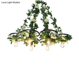 Retro Wheel Iron Chandelier Pendant Light With Plant Decor - Black 3/6 Heads