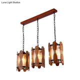 Retro Yellow Water Glass Pendant Light With Wood Panel Design - 3 Heads Cluster Brown Dining Room