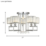 Ribbed Crystal Drum Flush Ceiling Light - Stylish Silver Semi Lamp With Scroll Frame (4/6 - Light)