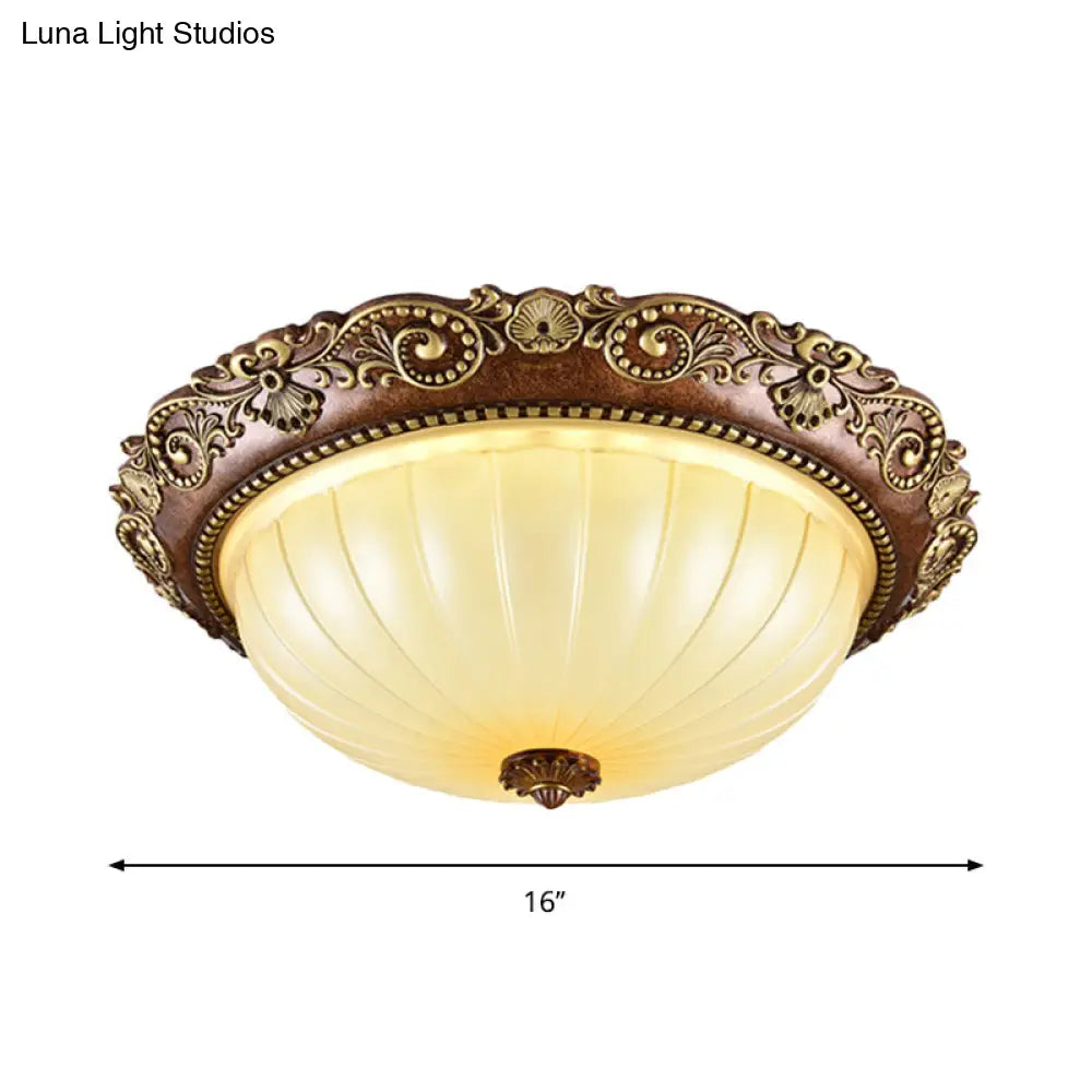Ribbed Glass Ceiling Flush Foyer Led Mount Light In Brown - Traditional Bowl Design