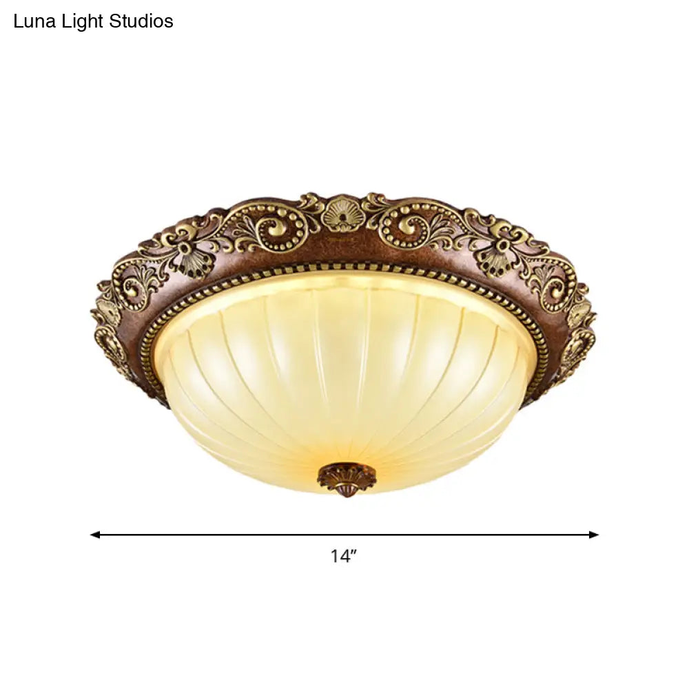 Ribbed Glass Ceiling Flush Foyer Led Mount Light In Brown - Traditional Bowl Design