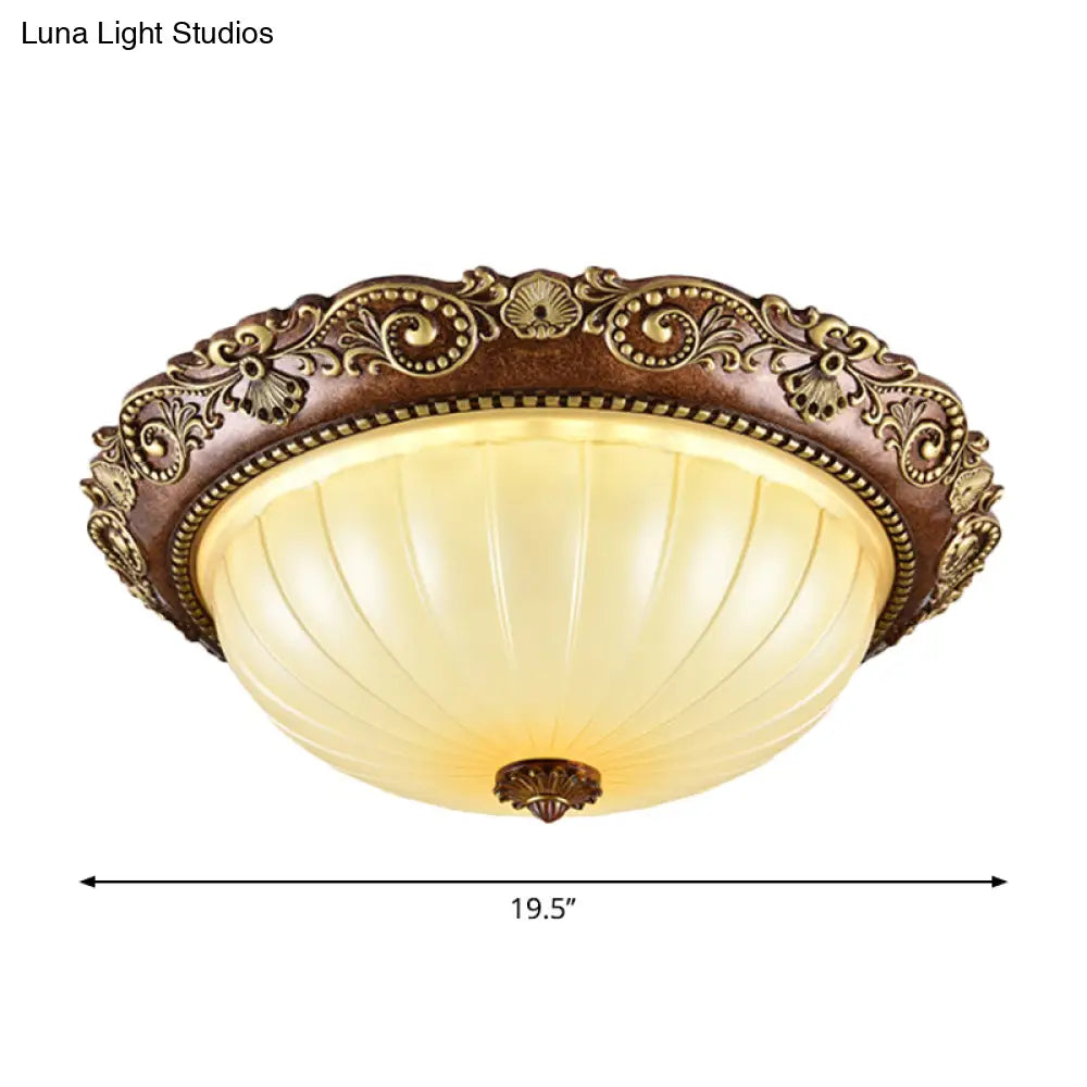 Ribbed Glass Ceiling Flush Foyer Led Mount Light In Brown - Traditional Bowl Design