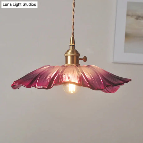 Ribbed Glass Vintage Floral Hanging Lamp Pendant - Single-Bulb Lighting For Restaurants