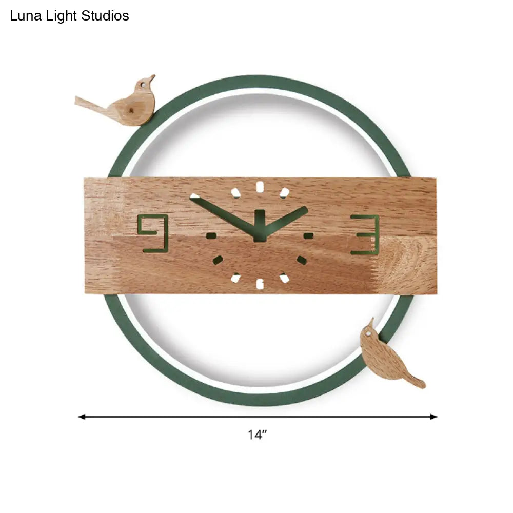 Ring Led Sconce Light With Wooden Clock | Bird Deco Kids Acrylic Wall Lamp