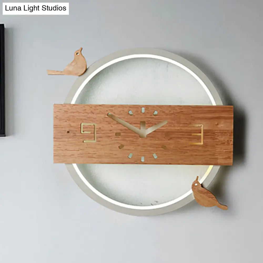 Ring Led Sconce Light With Wooden Clock | Bird Deco Kids Acrylic Wall Lamp