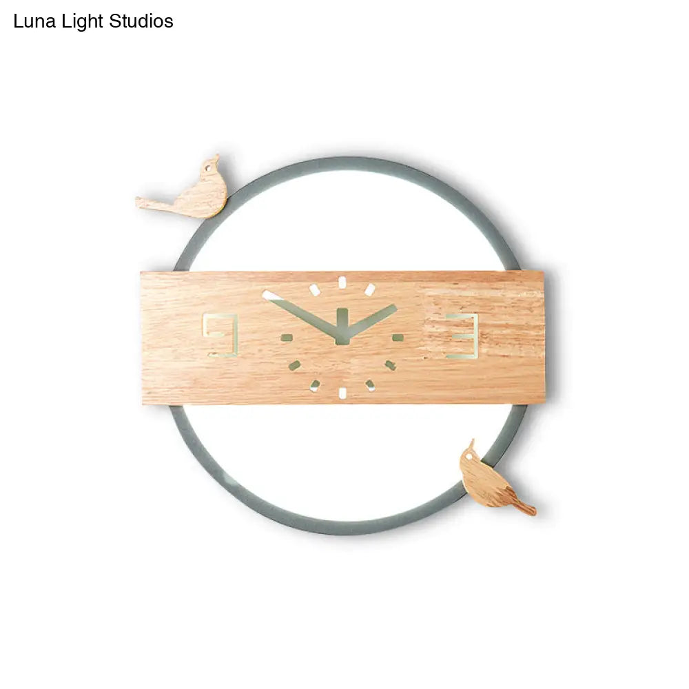 Ring Led Sconce Light With Wooden Clock | Bird Deco Kids Acrylic Wall Lamp