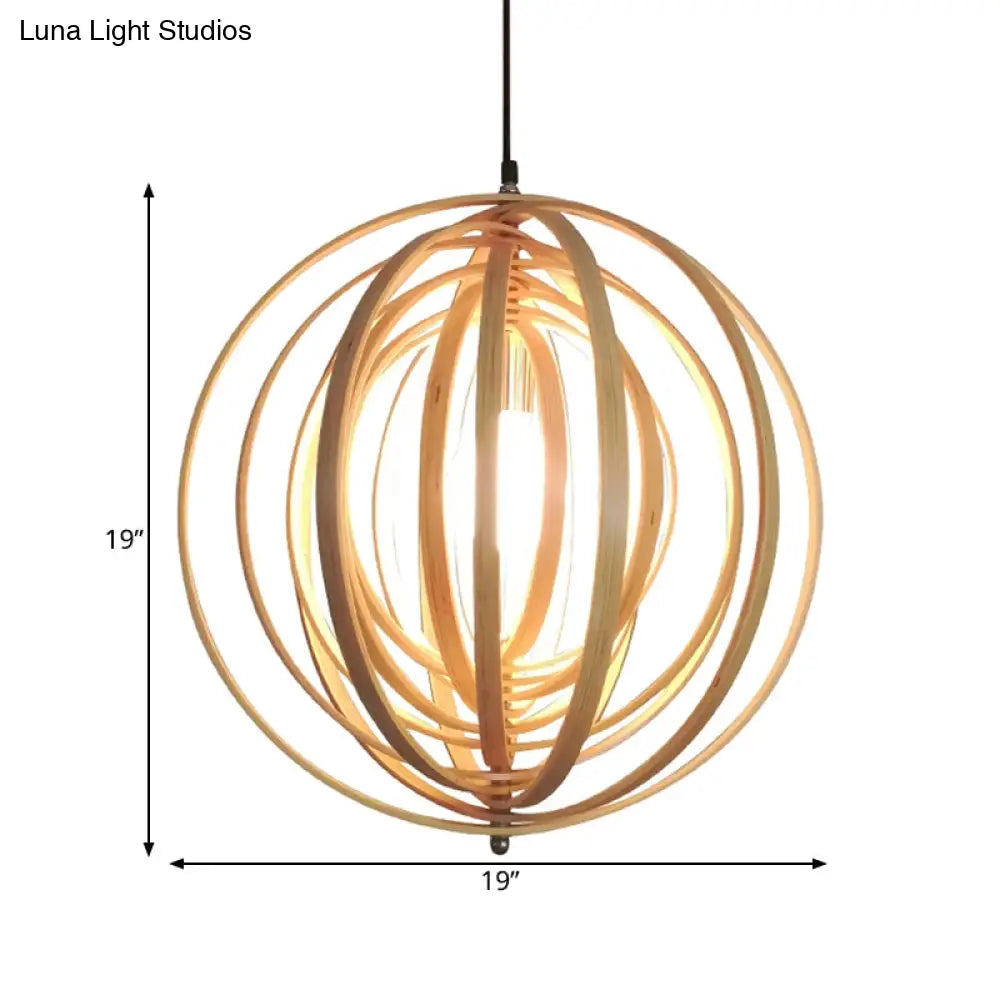 Rippling Sphere Wood Pendant Light Kit - Asian 1 Beige Hanging Fixture For Table