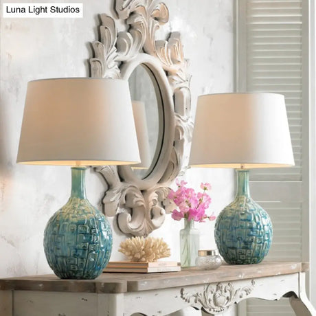 Rita - Rural Conical Nightstand Lamp: 1-Bulb Fabric Shade Table Lamp In Blue