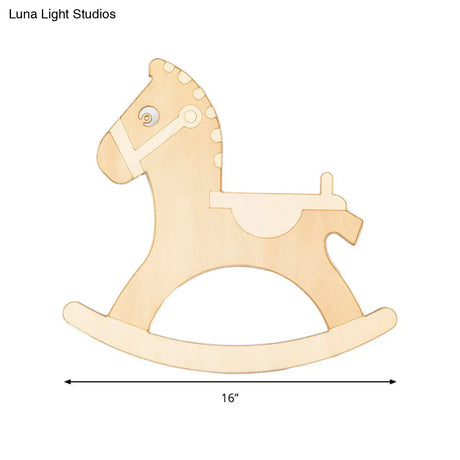 Rocking Horse Sconce: Kids Led Wall Lamp Beige Wooden Creative Light For Living Room