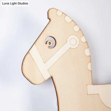 Rocking Horse Sconce: Kids Led Wall Lamp Beige Wooden Creative Light For Living Room