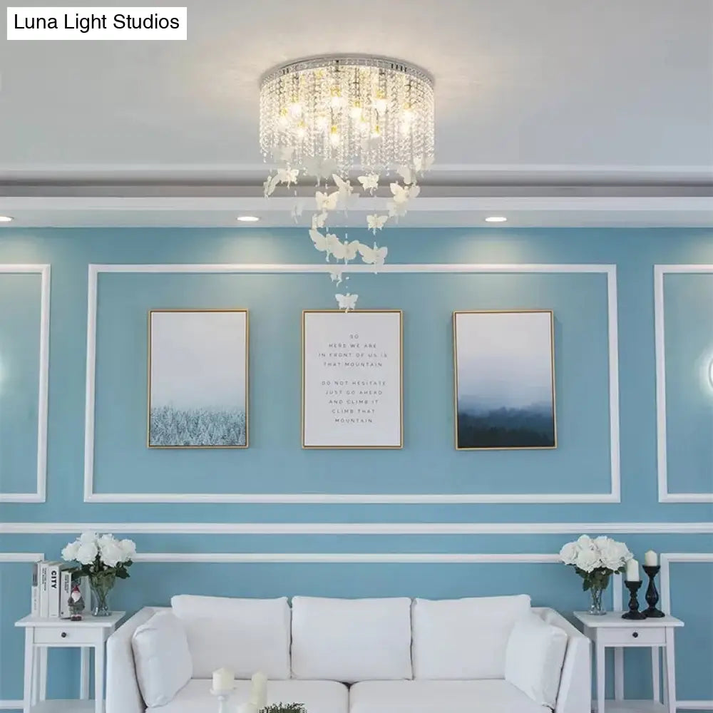 Romantic Butterfly Crystal Flush Ceiling Light For Shop - Round Metal White Fixture