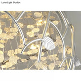 Romantic Chrome Flush Mount Light With Leaf & Crystal Bead Ceiling Fixture For Bedroom