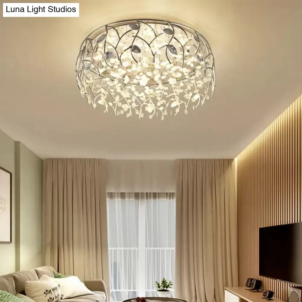 Romantic Chrome Flush Mount Light With Leaf & Crystal Bead Ceiling Fixture For Bedroom