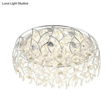 Romantic Chrome Flush Mount Light With Leaf & Crystal Bead Ceiling Fixture For Bedroom