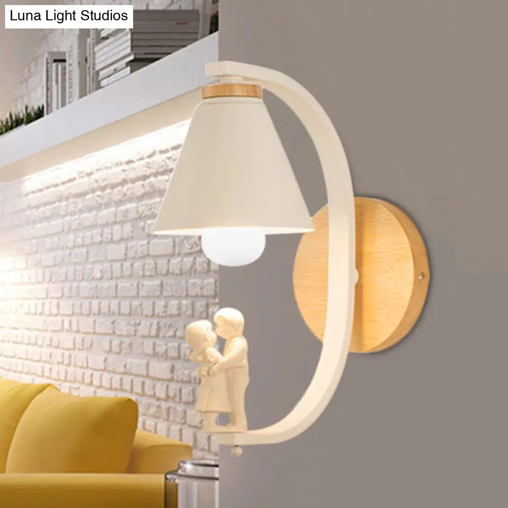 Romantic Cone Shade Wall Sconce With Metal Couple Detail - Ideal For Study Room Lighting