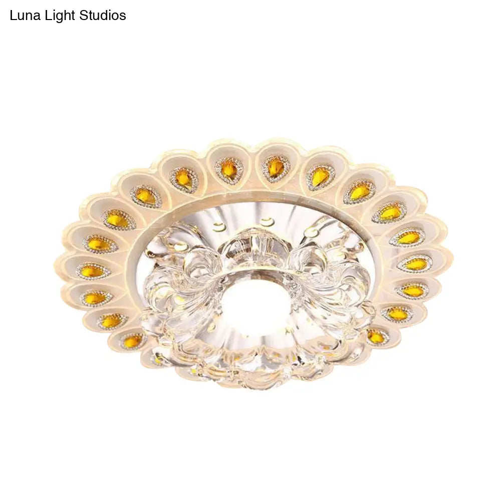 Romantic Led Floral Flush Mount Ceiling Light With Clear Crystal And Peacock Feather Accent