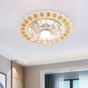 Romantic Led Floral Flush Mount Ceiling Light With Clear Crystal And Peacock Feather Accent