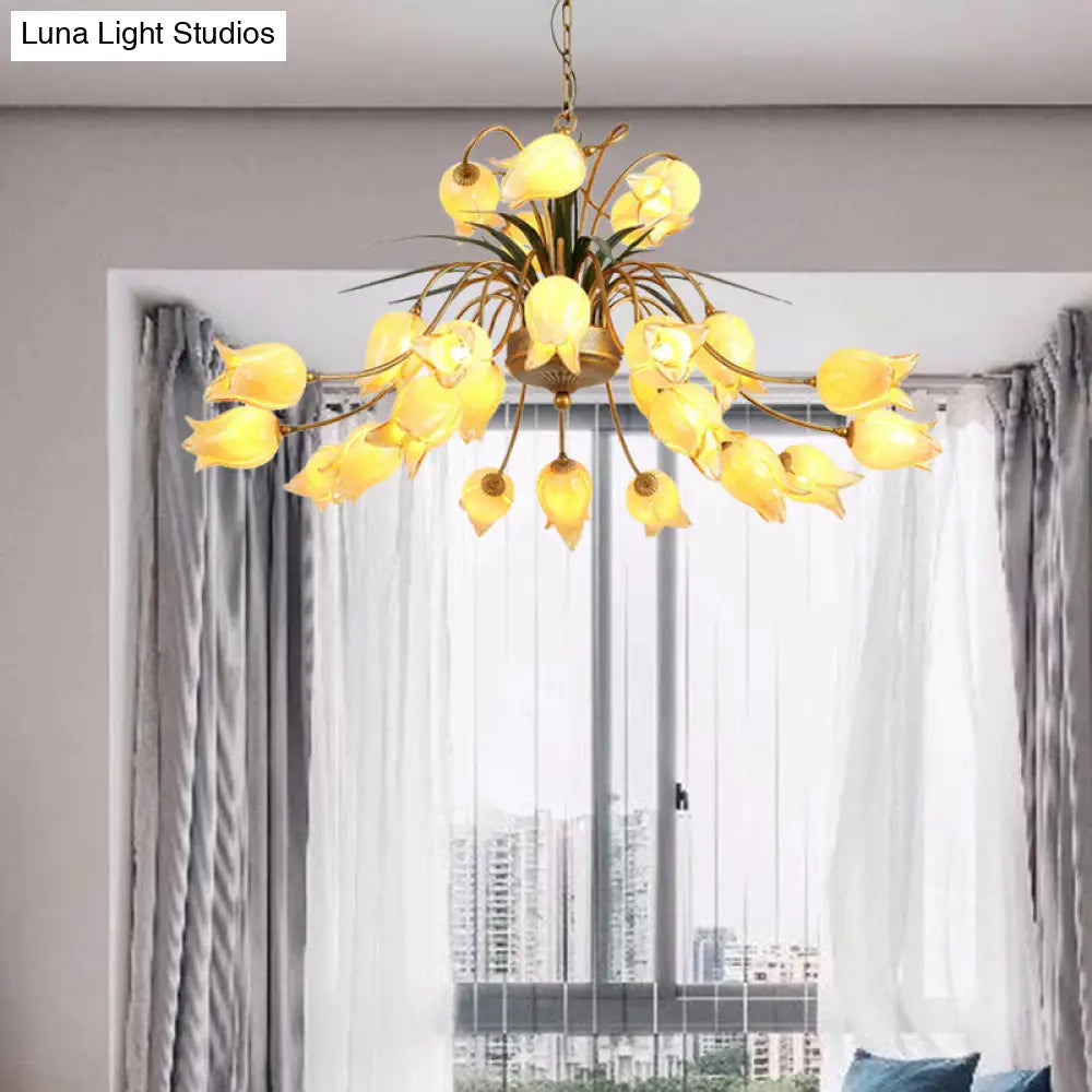 Romantic Metal Tulip/Lily Chandelier Light Fixture - 25-Light Led Ceiling Pendant In Brass For