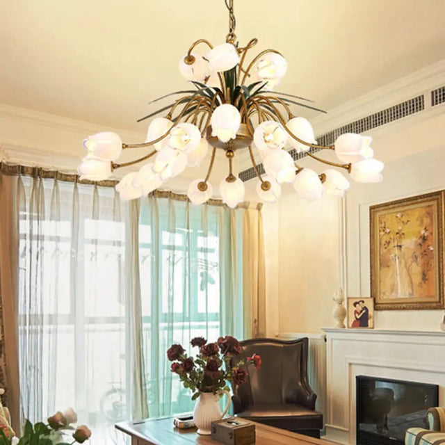 Romantic Metal Tulip/Lily Chandelier Light Fixture - 25-Light Led Ceiling Pendant In Brass For
