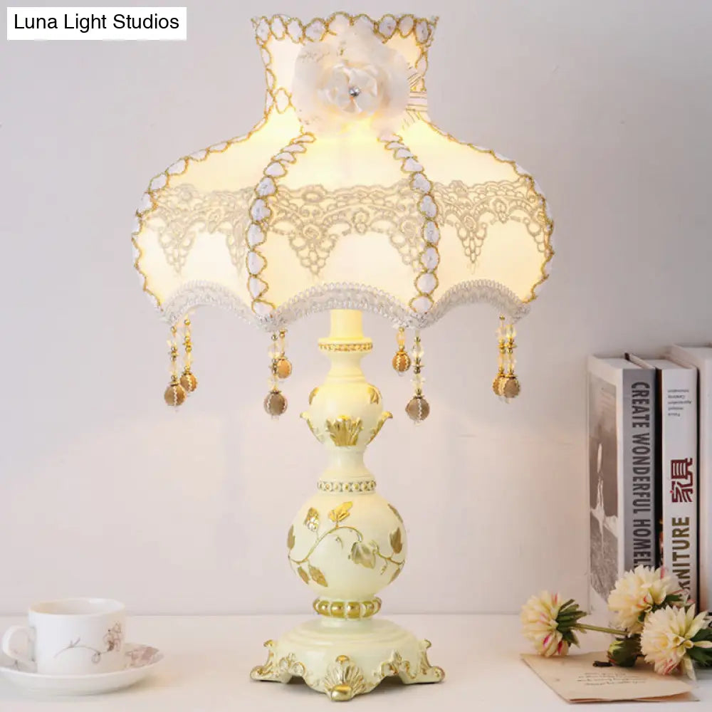 Romantic Pastoral Beige Nightstand Lamp With Braided Trim And Resin Base