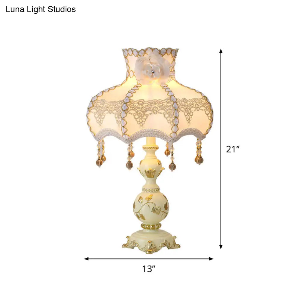 Romantic Pastoral Beige Nightstand Lamp With Braided Trim And Resin Base