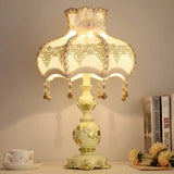 Romantic Pastoral Beige Nightstand Lamp With Braided Trim And Resin Base