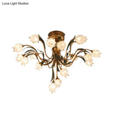 Romantic Pastoral Brass Bloom Semi Flush Light - 19 Bulb Led Close To Ceiling Lamp