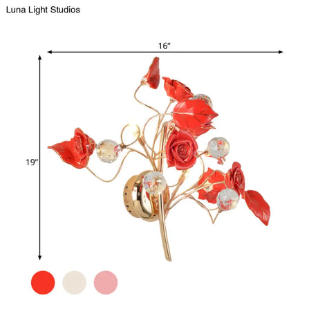 Romantic Red/White/Pink Rose Blossom Sconce With 2 Lights - Ceramic Wall Mount Lamp For Hotels