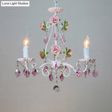 Romantic White Candlestick Chandelier With Pink Rose & Crystal Accents - Ceiling Light For Bedroom