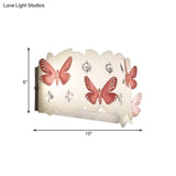 Romantic White Wall Lamp With Etched Pink Butterfly Design For Girls Bedroom