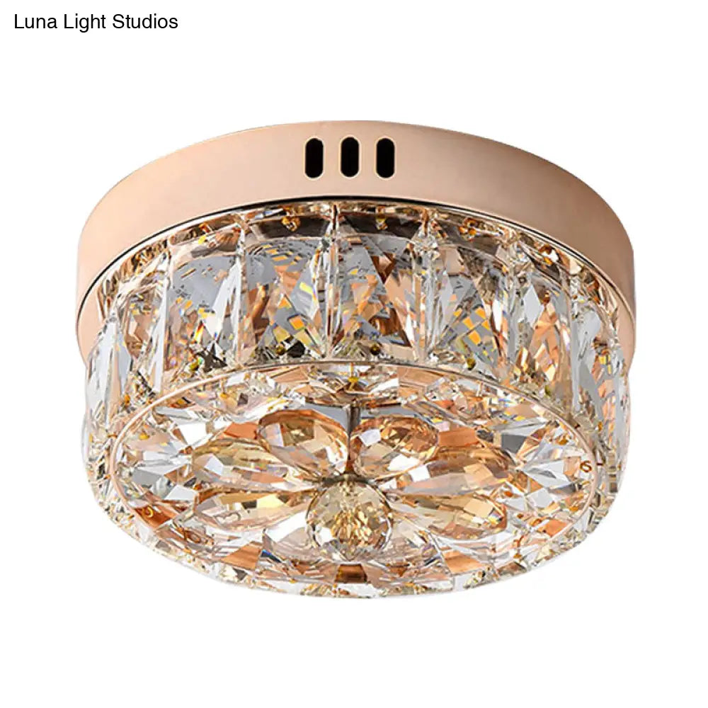 Rose Gold Mini Led Flush Ceiling Light - Beveled Crystal Round Mount Lamp 8’/10’ Width’ Or