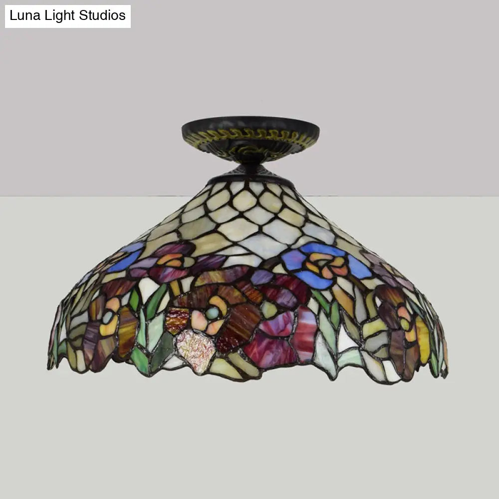 Rose Metal Tiffany Flush Mount Ceiling Light Fixture - Brass Finish 12’/16’ Diameter
