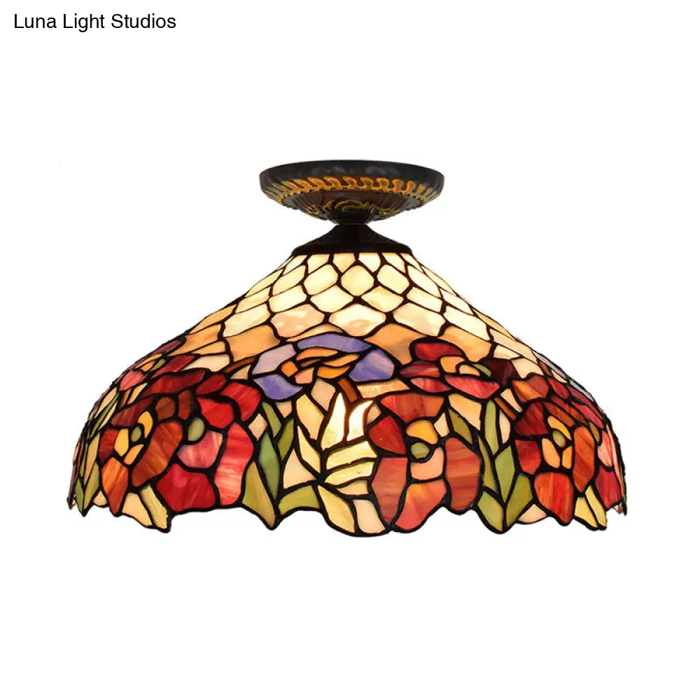 Rose Metal Tiffany Flush Mount Ceiling Light Fixture - Brass Finish 12’/16’ Diameter