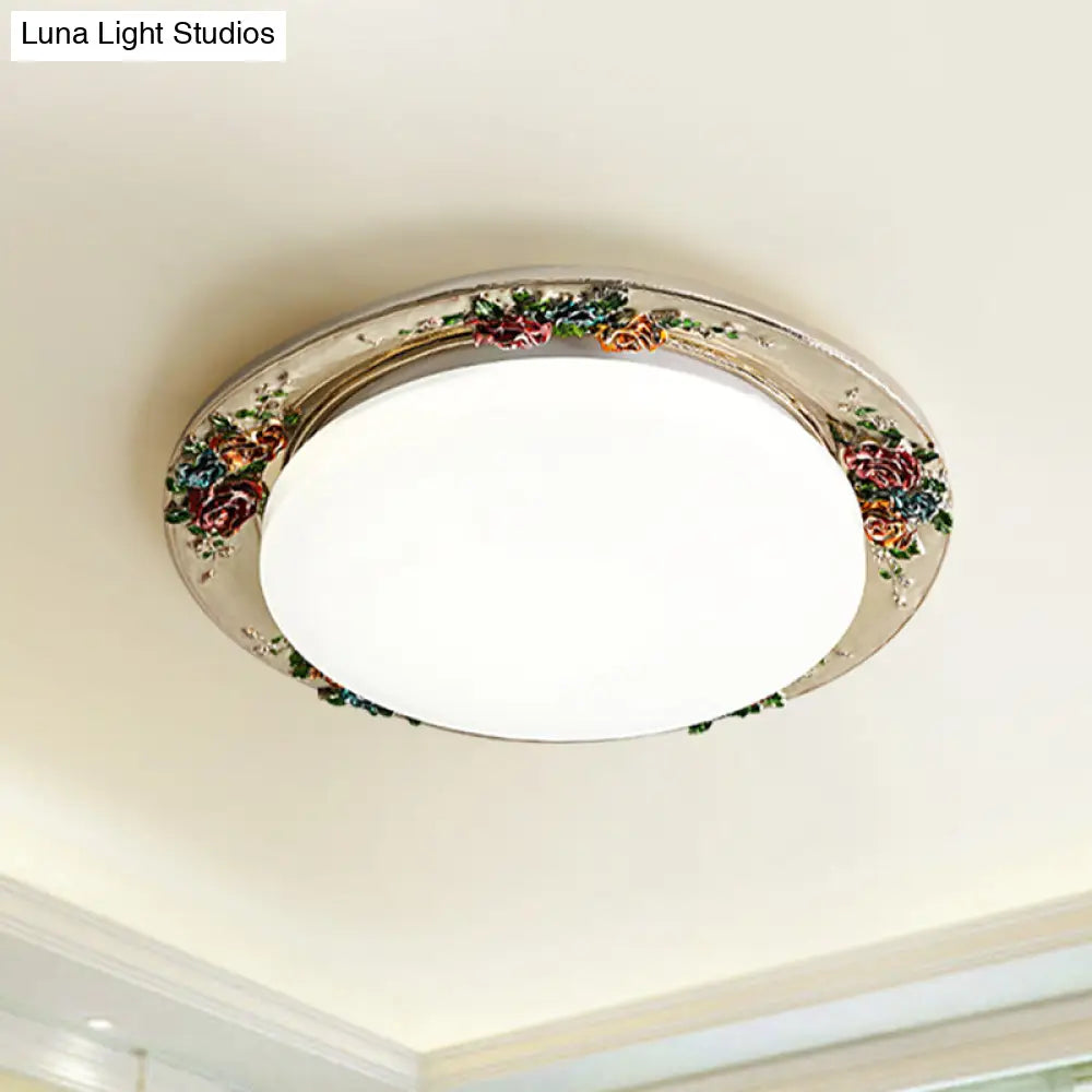 Rose Round Handcrafted Resin Led Ceiling Light For Retro Bedrooms In Beige/Green/Silver Grey