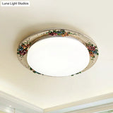 Rose Round Handcrafted Resin Led Ceiling Light For Retro Bedrooms In Beige/Green/Silver Grey