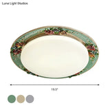 Rose Round Handcrafted Resin Led Ceiling Light For Retro Bedrooms In Beige/Green/Silver Grey