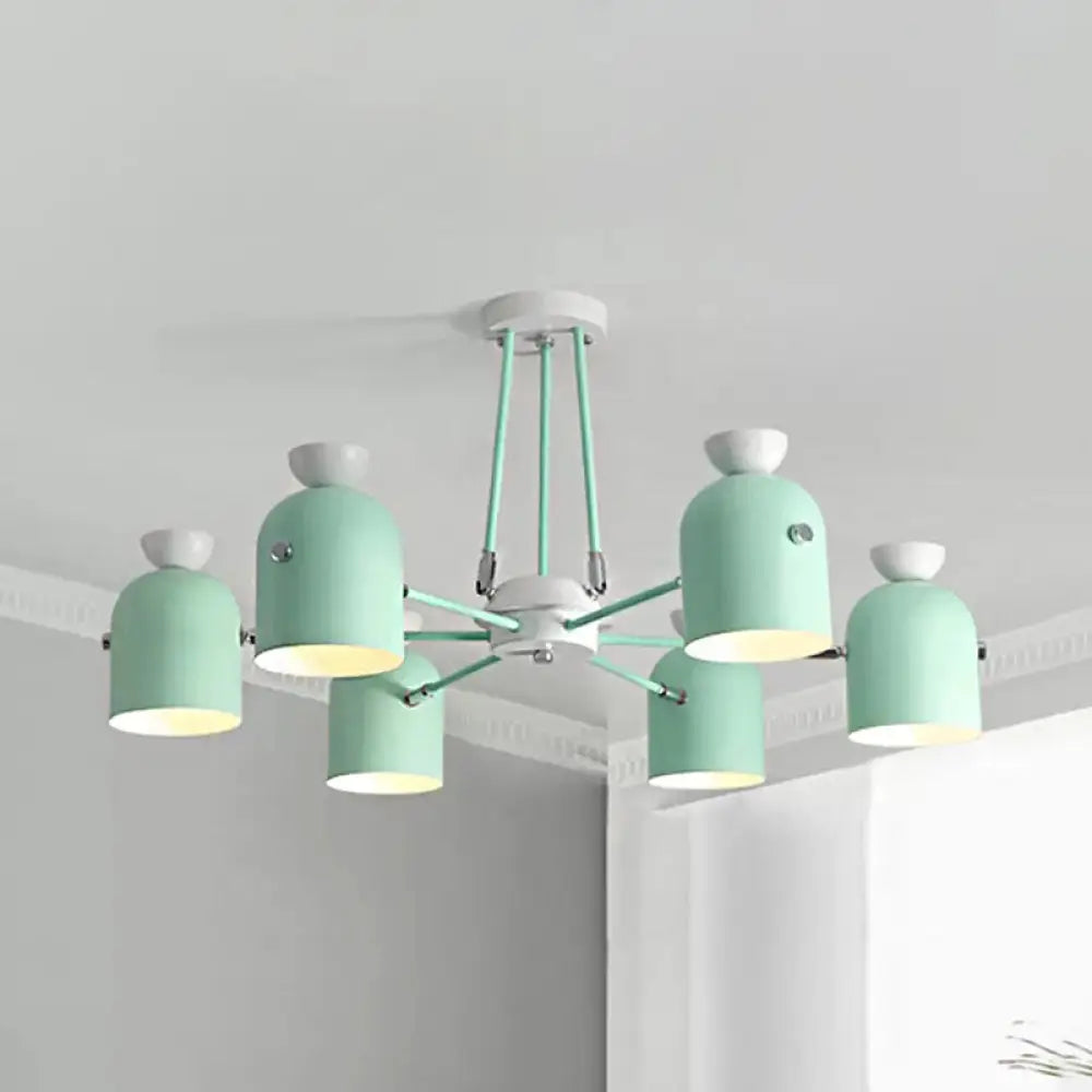 Rotatable Metal Cup Chandelier - 6 Light Macaron Style Hanging For Childs Bedroom Green